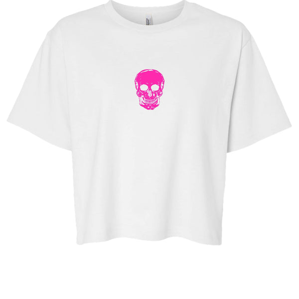 White boxy tee with centered hot pink skull graphic, minimalist streetwear design