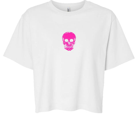 White boxy tee with centered hot pink skull graphic, minimalist streetwear design
