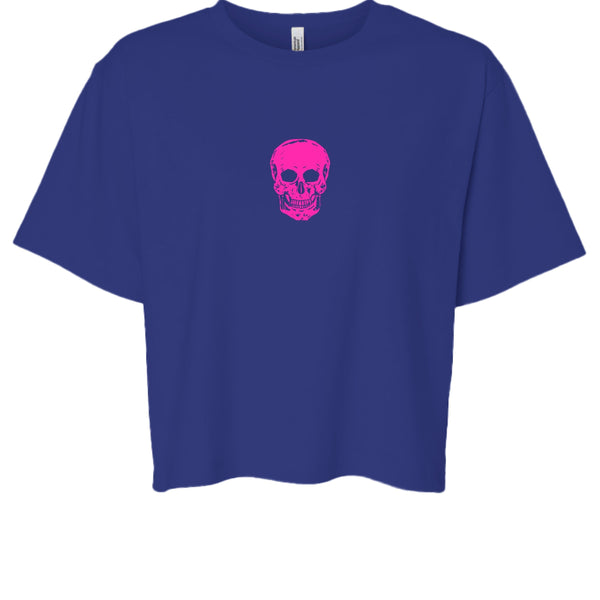 Blue boxy tee with hot pink skull graphic centered on front, minimalist streetwear design