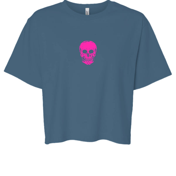 Blue boxy tee with a hot pink skull graphic centered for minimalist streetwear style