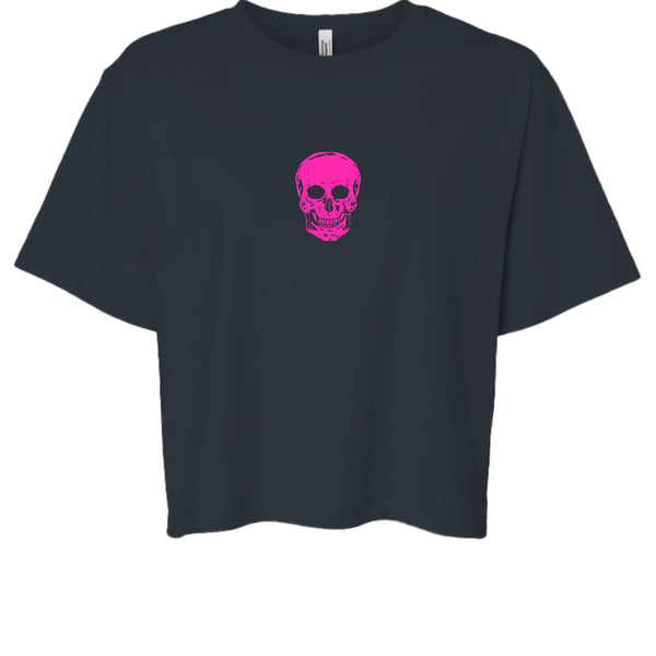 Black boxy tee with hot pink skull graphic centered on front, minimalist streetwear design