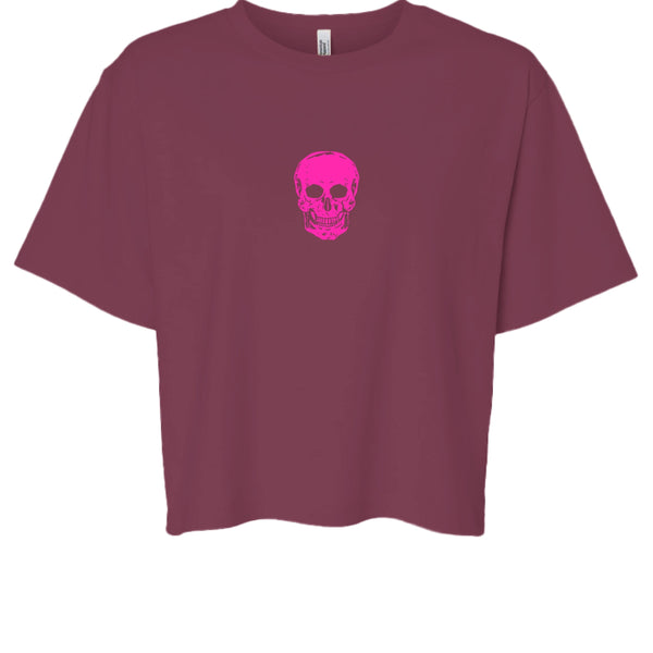 Boxy maroon tee with minimalist hot pink skull graphic on front, streetwear style