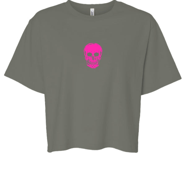 Hot pink skull graphic on gray boxy crop t-shirt with minimalist streetwear design