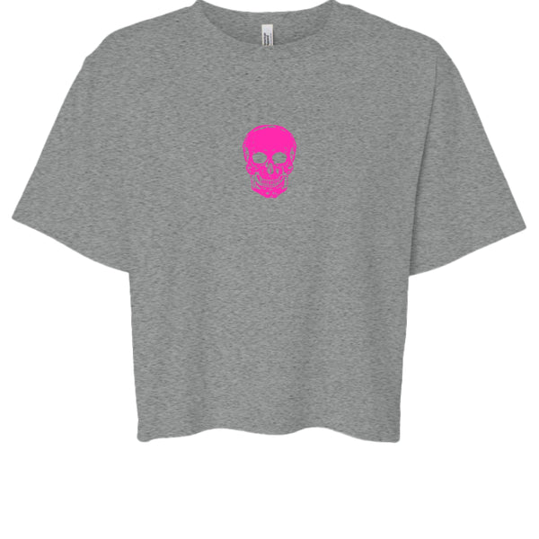 Gray boxy tee with centered hot pink skull graphic, minimalist streetwear style