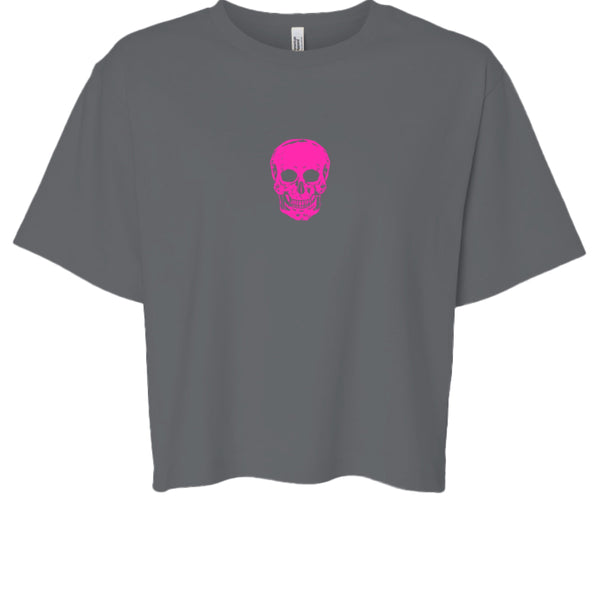 Gray boxy tee with a hot pink skull graphic centered on the front, minimalist edgy streetwear style