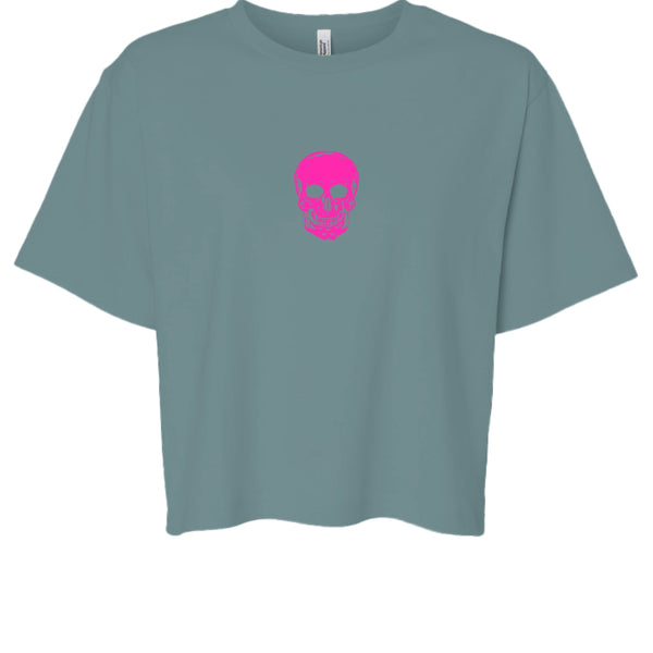 Hot pink skull graphic on modern boxy cut streetwear tee