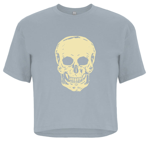 Women's cropped cream crop top with oversized skull graphic and boxy streetwear fit