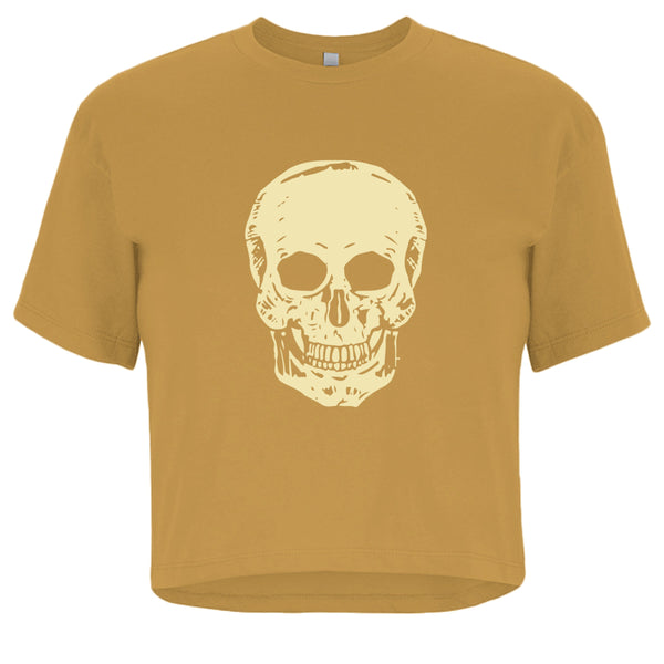 women's cropped mustard tee with oversized cream skull graphic front streetwear style