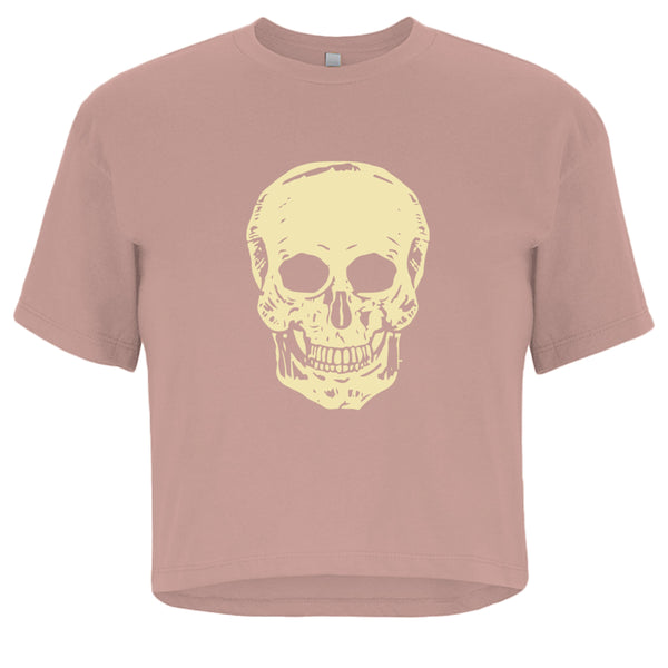 Women's cropped cream tee with oversized cream skull graphic and relaxed fit