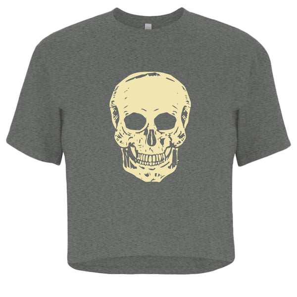Women’s cropped grey tee with oversized cream skull graphic front