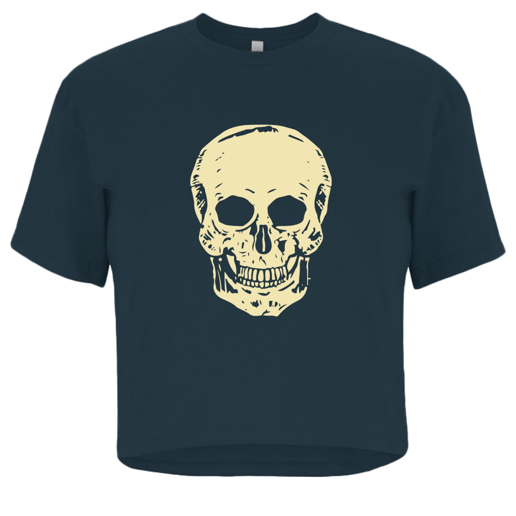 Women's cropped black tee with large cream skull graphic front, relaxed fit streetwear style