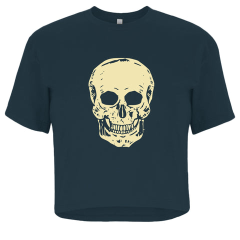 Women's cropped black tee with large cream skull graphic front, relaxed fit streetwear style