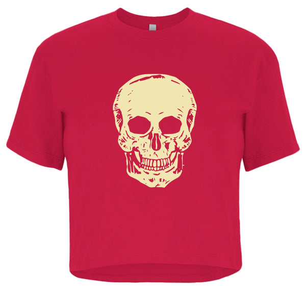 Women’s red cropped tee with oversized cream skull graphic and boxy fit
