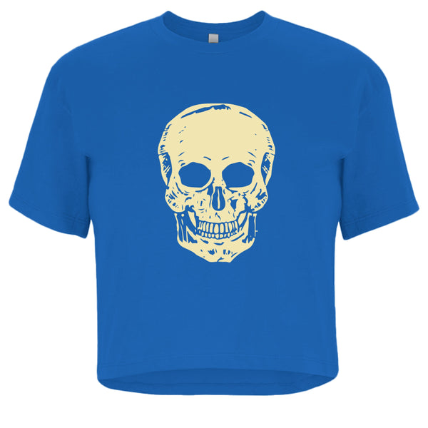 Blue women's cropped tee with large cream skull graphic on front, relaxed fit streetwear style
