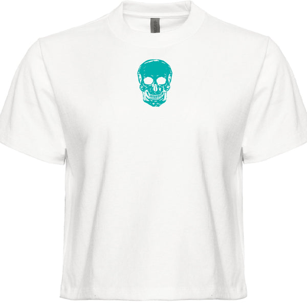 White boxy cropped t-shirt with central teal skull graphic for festival style