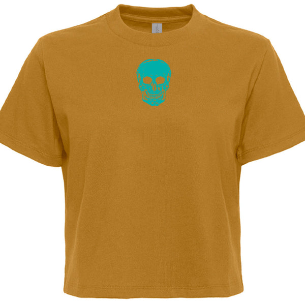 Teal skull graphic boxy cropped tee in mustard yellow festival style shirt