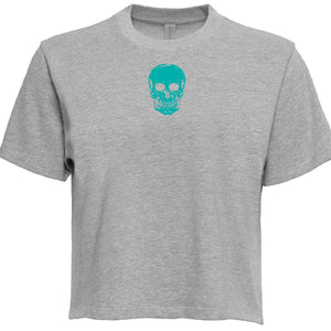 Gray boxy cropped t-shirt with teal skull graphic centered on front, festival style mini tee, lightweight and breathable cotton blend for comfort