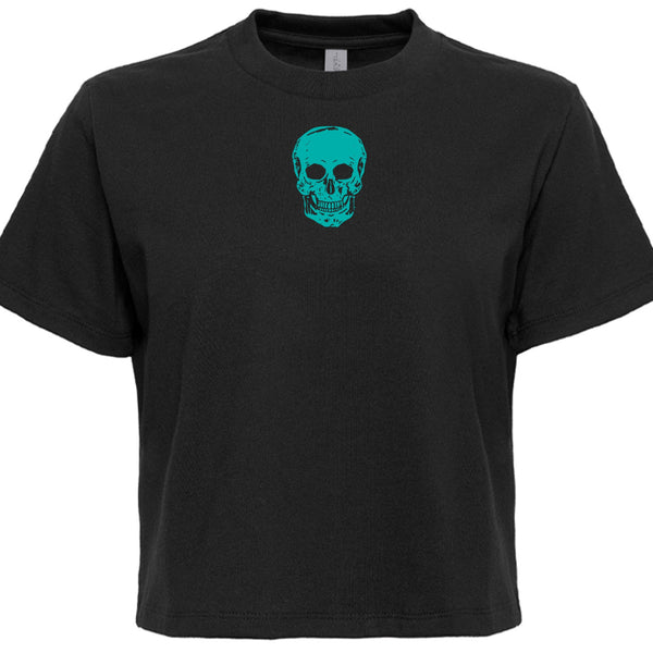 Black boxy cropped t-shirt with teal skull graphic centered on chest