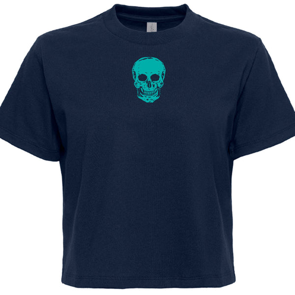 Teal skull graphic boxy cropped t-shirt for festival style, comfortable and breathable cotton blend