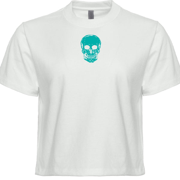 White boxy cropped t-shirt with teal skull graphic at center front, festival style casual top