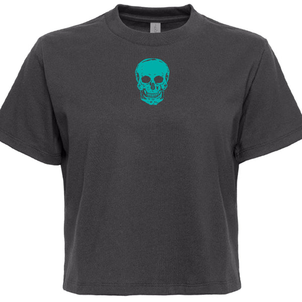Teal skull graphic boxy cropped t-shirt in charcoal gray festival style tee