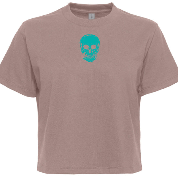 Teal skull graphic on mid-tone boxy cropped t-shirt for festival style