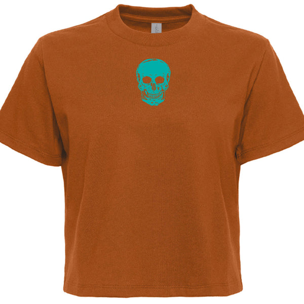 Teal skull graphic boxy cropped t-shirt in brown, festival style with relaxed fit and breathable fabric