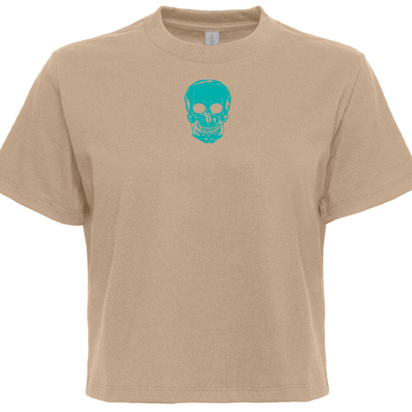 Teal skull graphic boxy cropped t-shirt in beige, lightweight festival style top with relaxed fit