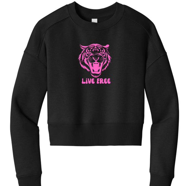 Black women's cropped sweatshirt with pink roaring tiger graphic and "Live Free" text