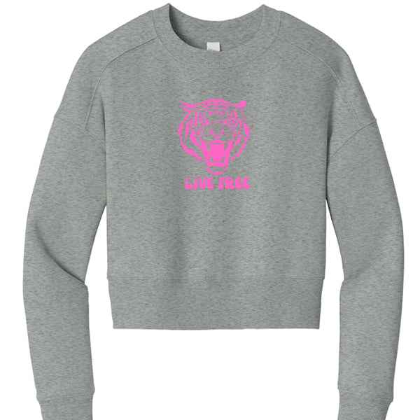 Women's grey cropped sweatshirt with pink roaring tiger graphic and "Live Free" slogan on front
