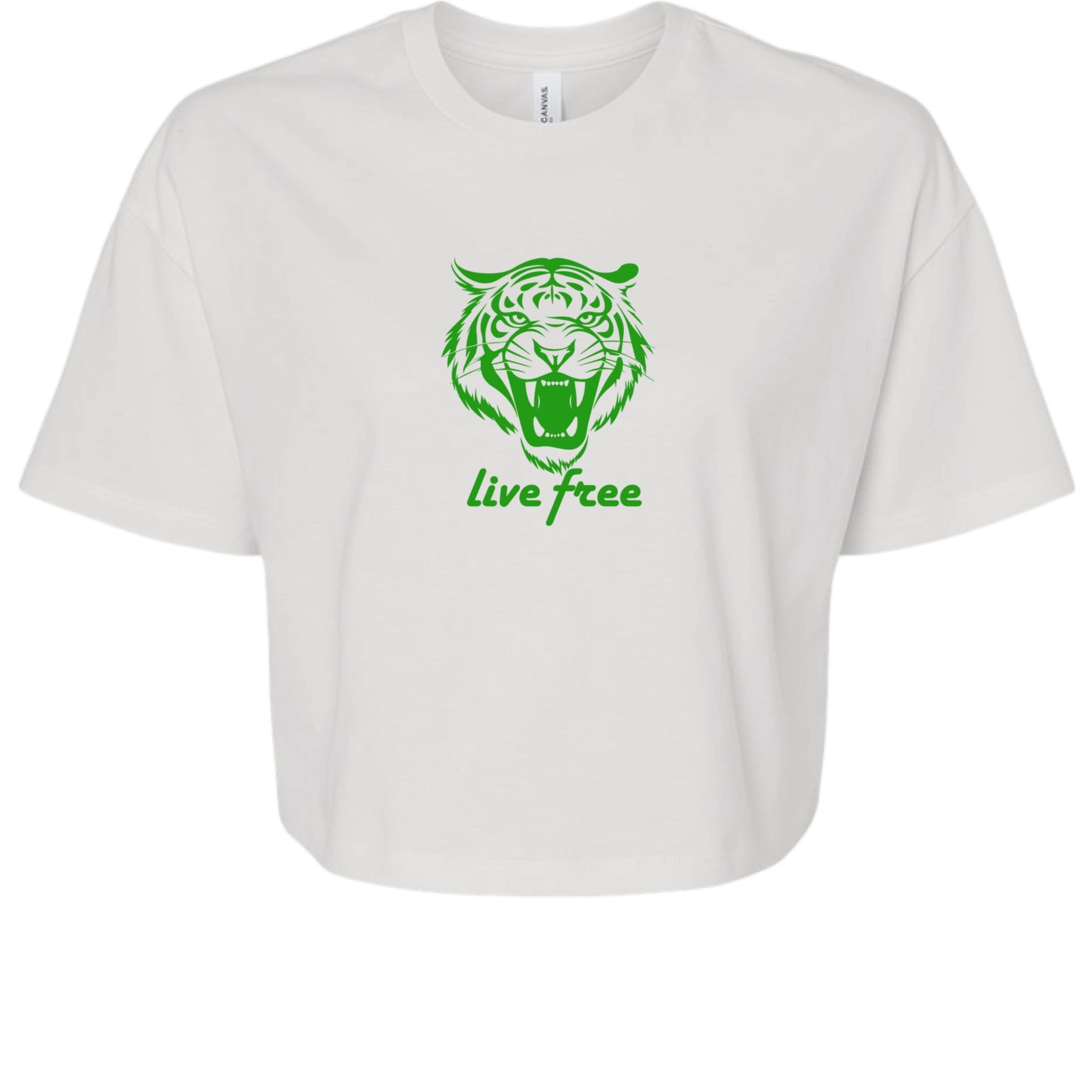 White women's crop tee with green roaring tiger graphic and "Live Free" slogan, lightweight festival and streetwear top