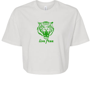 White women's crop tee with green roaring tiger graphic and "Live Free" slogan, lightweight festival and streetwear top