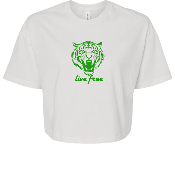 White women's crop tee with green roaring tiger graphic and "Live Free" slogan, lightweight festival and streetwear top