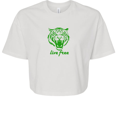 White women's crop tee with green roaring tiger graphic and "Live Free" slogan, lightweight festival and streetwear top