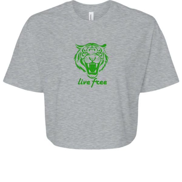 Grey women's crop tee with green roaring tiger graphic and "Live Free" text, lightweight casual streetwear top