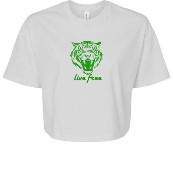 White women's crop tee with green roaring tiger graphic and "Live Free" text, festival style streetwear top