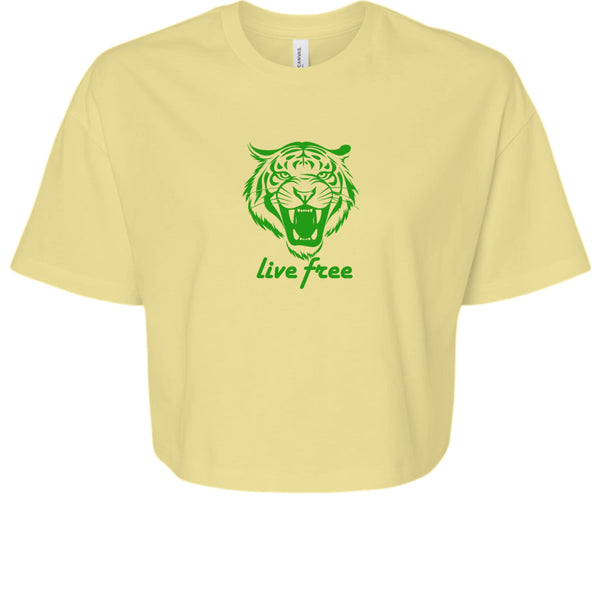 Yellow women's crop tee with green roaring tiger graphic and "Live Free" slogan, festival streetwear style
