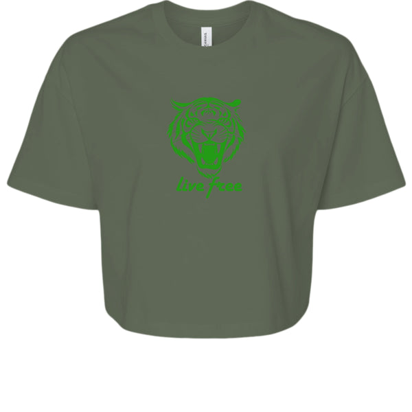 Olive green women’s crop tee with neon green roaring tiger graphic and "Live Free" slogan, festival style streetwear top