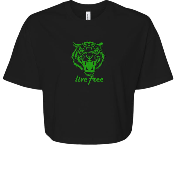 Black women's crop tee with vibrant green roaring tiger graphic and "Live Free" slogan, festival style streetwear top