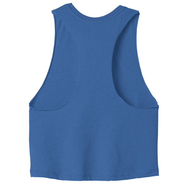 Back view of blue sleeveless cropped racerback tank top with raw-edge armholes and side seams