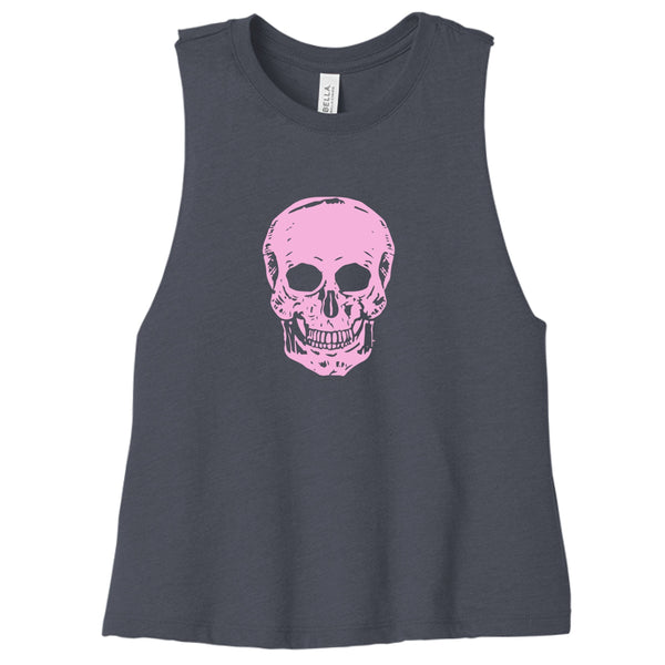 Dark gray women's cropped tank top with a bold pink skull graphic, sleeveless raw-edge armholes, and a racerback design.
