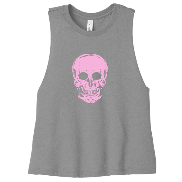 Grey women's cropped tank top with a pink skull graphic, sleeveless with raw-edge armholes, festival and streetwear style
