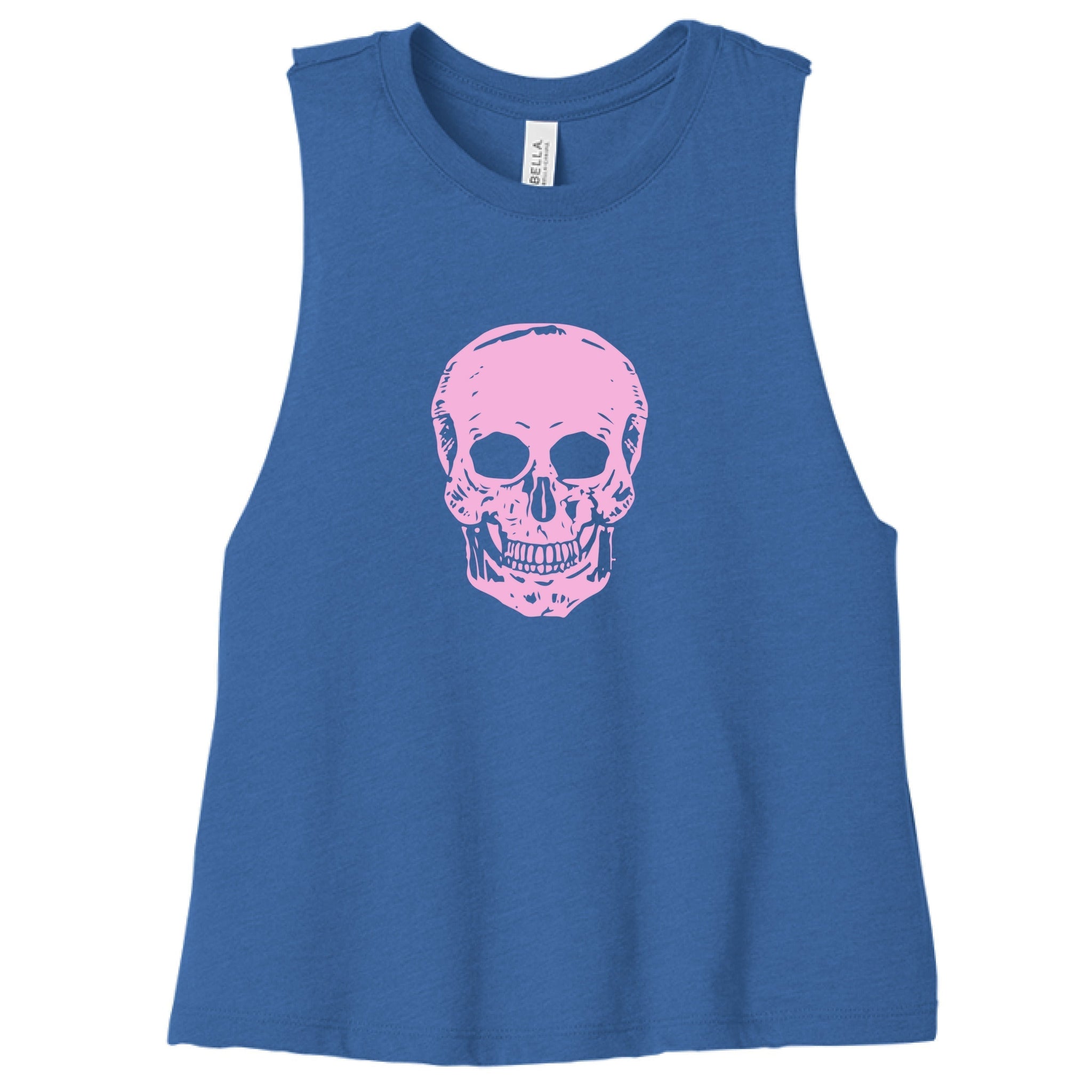 blue cropped tank top with pink skull graphic, women's festival and streetwear style