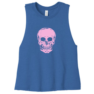 blue cropped tank top with pink skull graphic, women's festival and streetwear style
