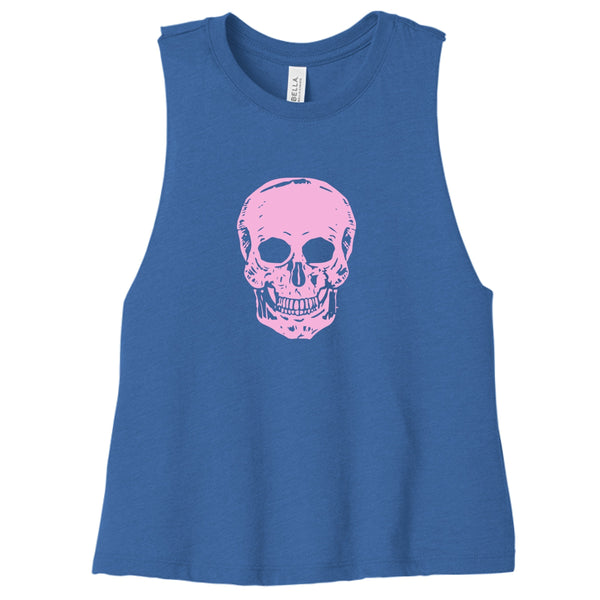 Blue crop tank top with pink skull graphic, sleeveless streetwear style for women