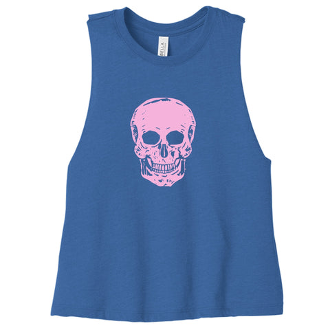 blue cropped tank top with pink skull graphic, women's festival and streetwear style
