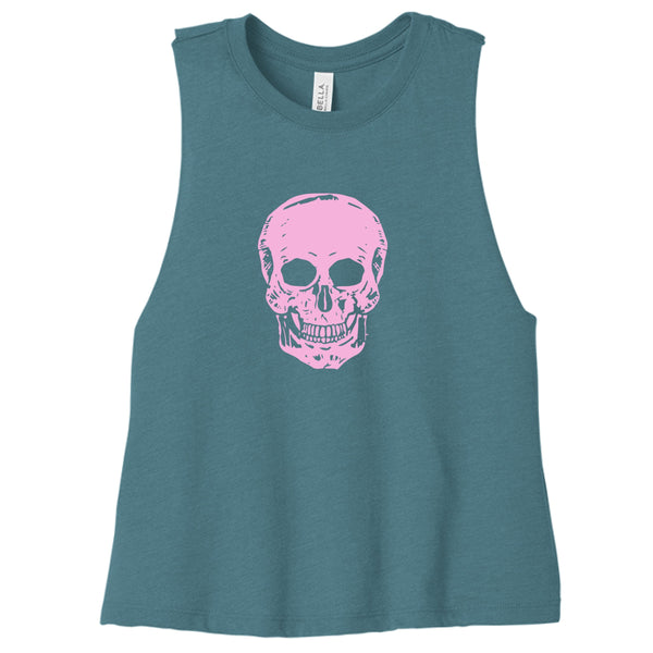 Blue cropped tank top with pink skull graphic, women's festival and streetwear style