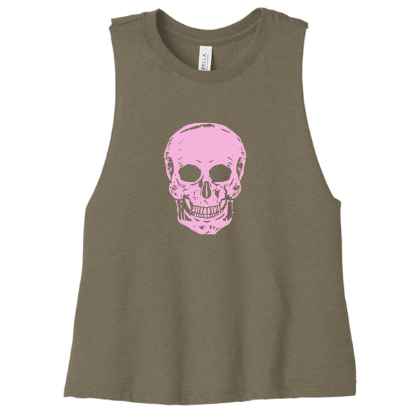 olive green women's crop tank top with pink skull graphic, sleeveless festival style streetwear
