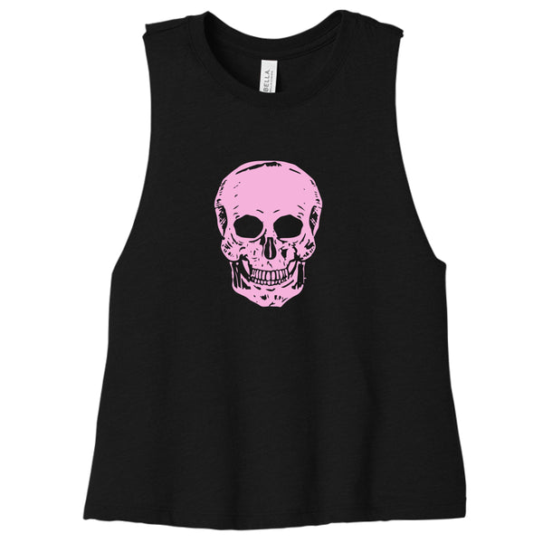 Black cropped tank top with a bold pink skull graphic, sleeveless with raw-edge armholes, designed for women's festival and streetwear style.