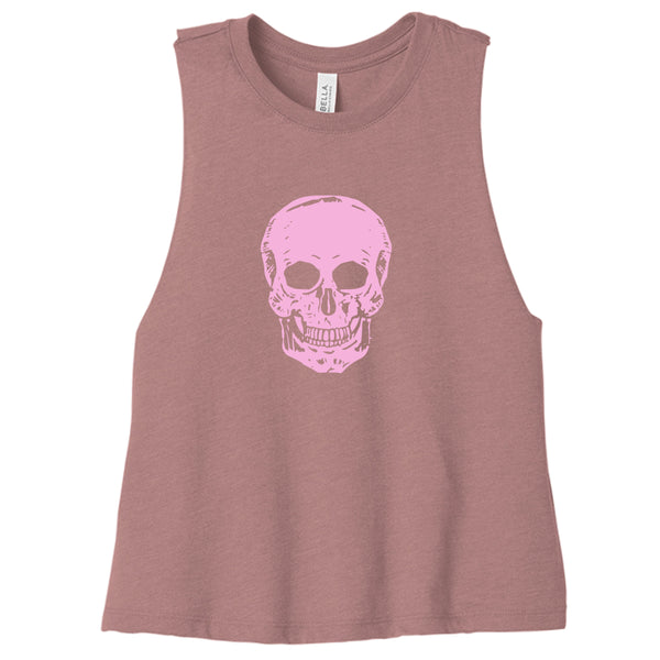 Pink crop tank top with pink skull graphic, sleeveless edgy streetwear for women festival style